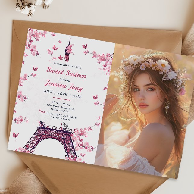 Floral Paris Eiffel Tower Sweet 16 Birthday Photo Invitation (Creator Uploaded)
