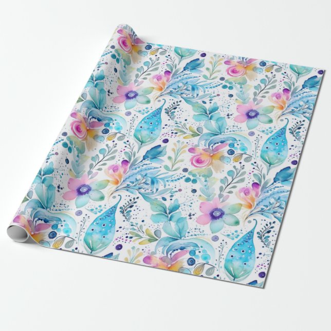 Floral Pasley Ferns Blue & Pink Wrapping Paper (Unrolled)