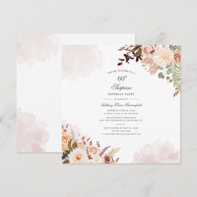 Floral Pastel 60th Birthday Script Surprise Party Invitation (Front/Back)