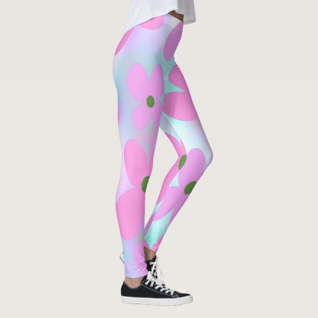 Floral Pastel Abstract Faux Holographic Pink Candy Leggings (Right)