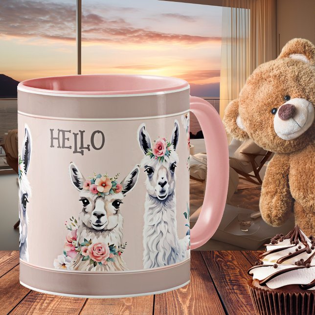 Floral Pastel Cute Llama Alpaca Mug (Mug featuring cute llamas and alpacas with elegant flowers in pastel and chocolate colors)