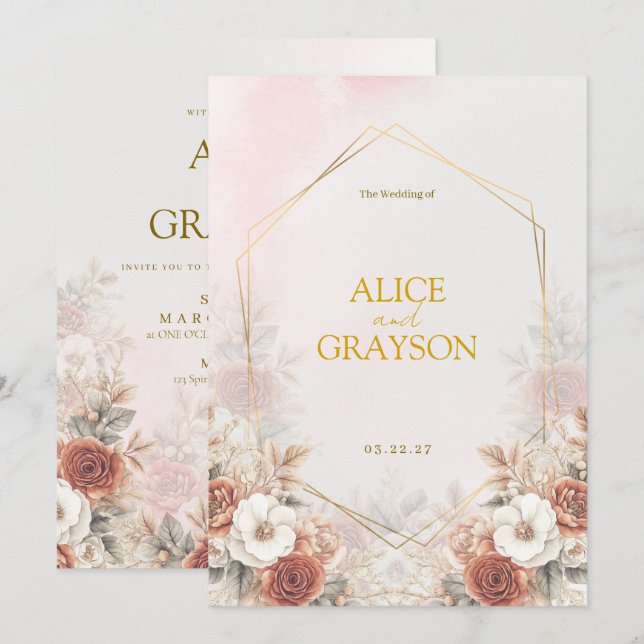 Floral Pastel Elegant Boho Watercolor Wedding  Invitation (Front/Back)