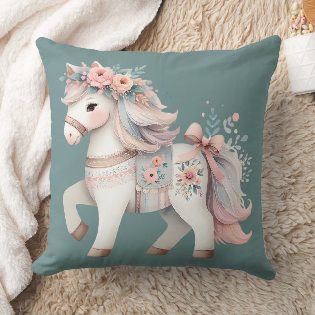 Floral Pastel Horse Fantasy Illustration Cushion (Blanket)