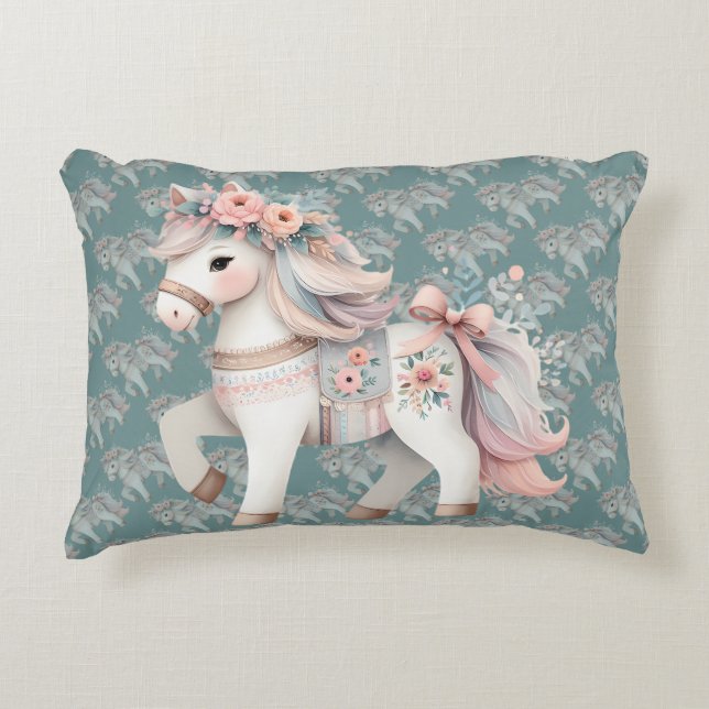 Floral Pastel Horse Fantasy Illustration Decorative Cushion (Front)