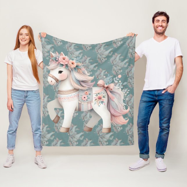 Floral Pastel Horse Fantasy Illustration Fleece Blanket (In Situ)