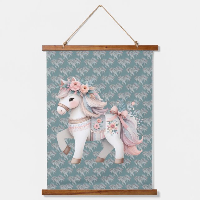 Floral Pastel Horse Fantasy Illustration Hanging Tapestry (Front)