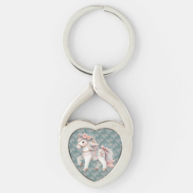 Floral Pastel Horse Fantasy Illustration Key Ring (Front)