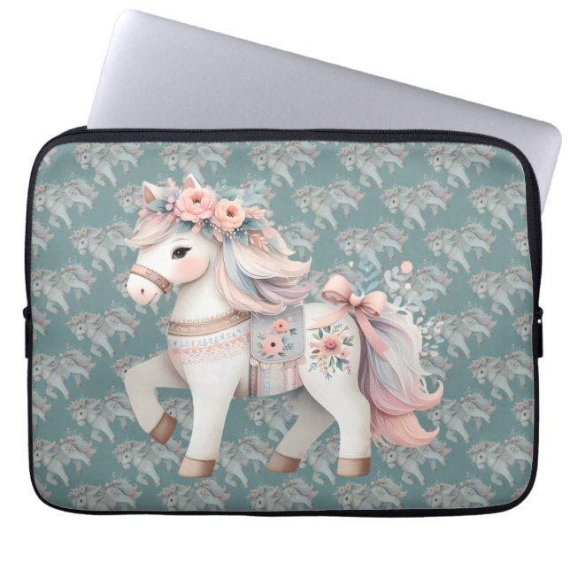 Floral Pastel Horse Fantasy Illustration Laptop Sleeve (Front)
