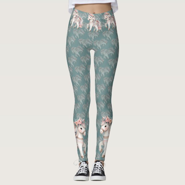 Floral Pastel Horse Fantasy Illustration Leggings (Front)