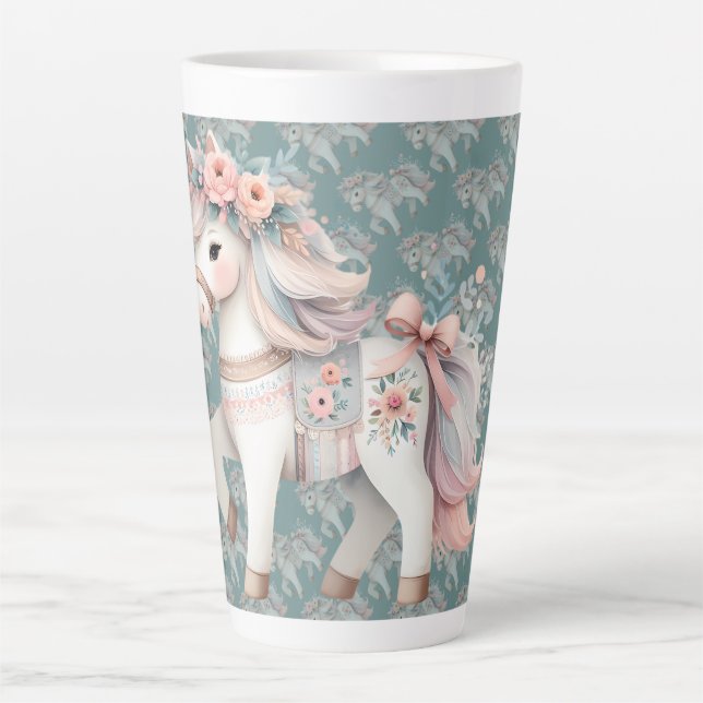 Floral Pastel Horse Fantasy Illustration Planner Latte Mug (Front)