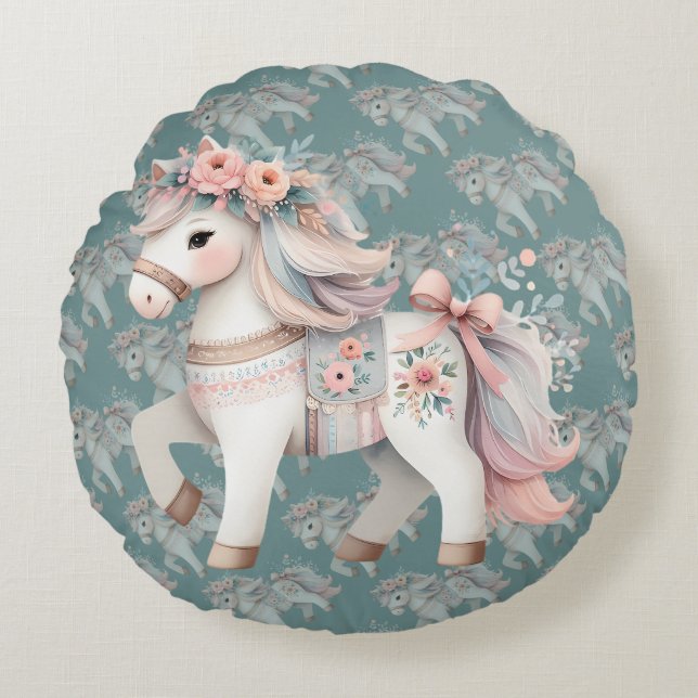 Floral Pastel Horse Fantasy Illustration Round Cushion (Front)