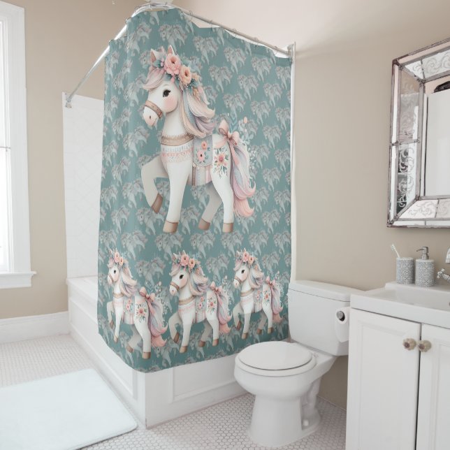 Floral Pastel Horse Fantasy Illustration Shower Curtain (In Situ)