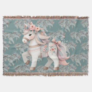 Floral Pastel Horse Fantasy Illustration Throw Blanket