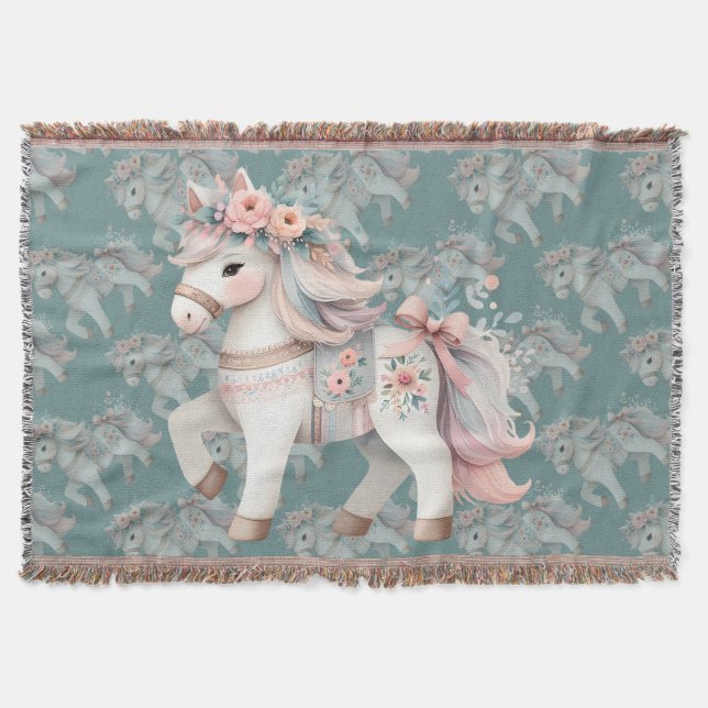 Floral Pastel Horse Fantasy Illustration Throw Blanket (Front)
