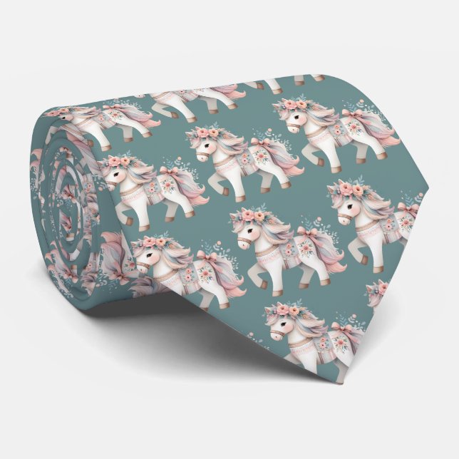 Floral Pastel Horse Fantasy Illustration Tie (Rolled)