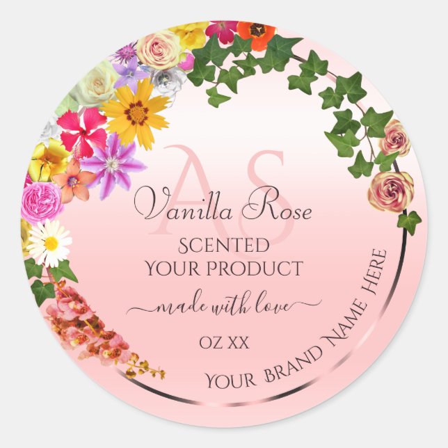 Floral Pastel Light Pink Product Labels Initials (Front)