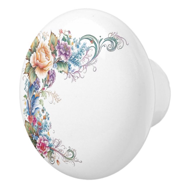 Floral Pastel Multi Colour Rose Border  Ceramic Knob (Right)