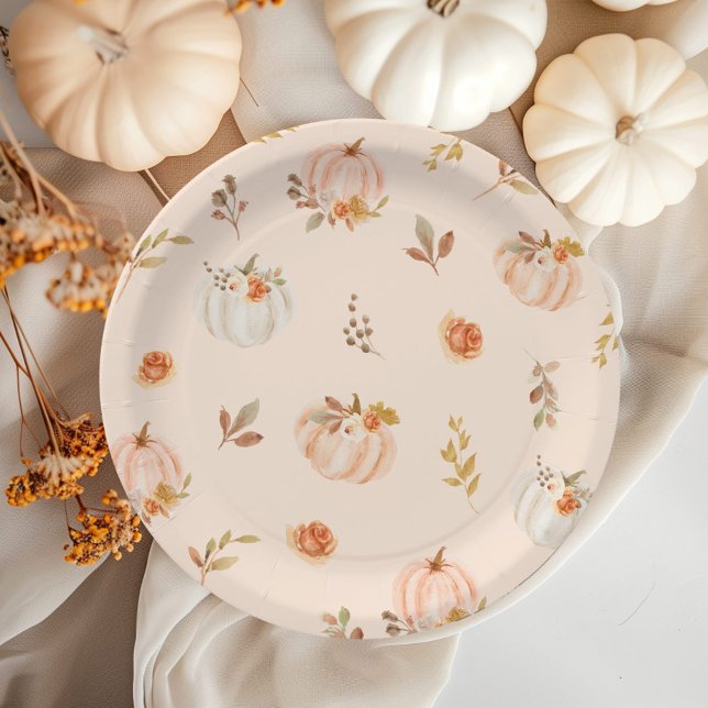 Floral pastel orange fall little pumpkin birthday paper plate (Creator Uploaded)