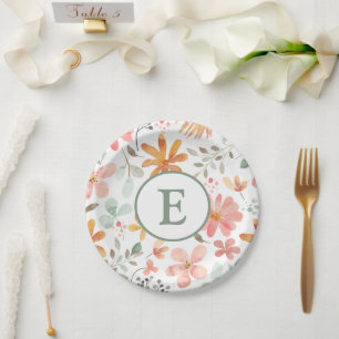 Floral Pastel Paper Plate with Initial