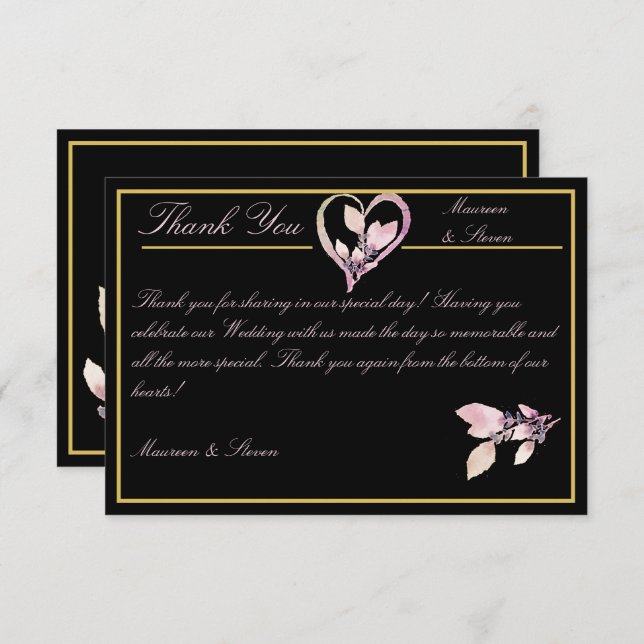 Floral Pastel Pink & Gold on Elegant Black Wedding Thank You Card (Front/Back)