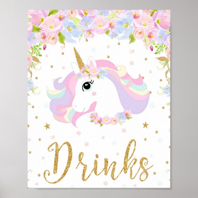 Floral Pastel Unicorn Drinks Sign Table Decor (Front)