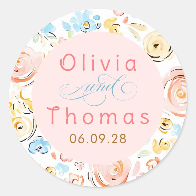 Floral Pastel Whimsical Elegant Wedding Classic Round Sticker (Front)