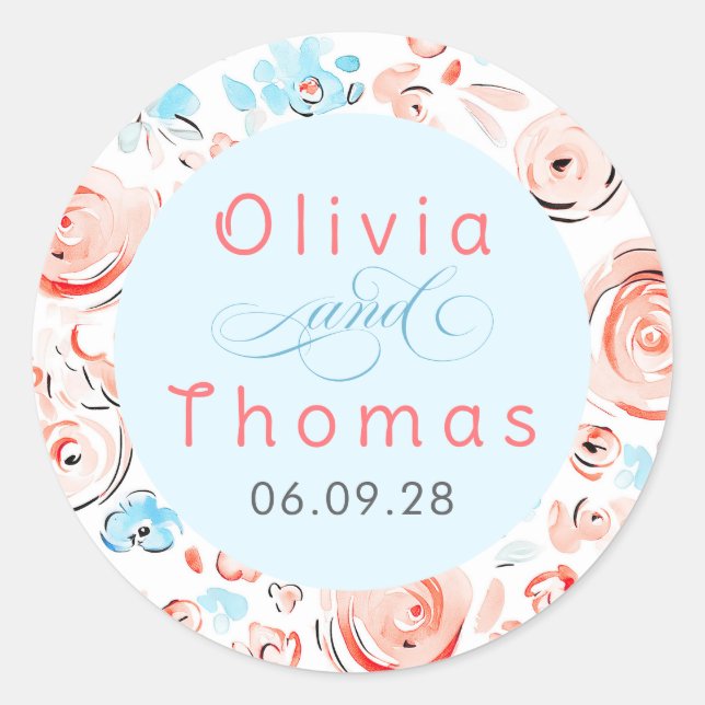 Floral Pastel Whimsical Elegant Wedding Classic Round Sticker (Front)