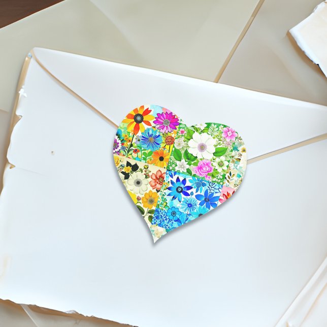 Floral Patchwork Art Watercolor Flowers Heart Sticker (Creator Uploaded)