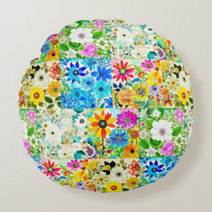 Floral Patchwork Art Watercolor Flowers Round Cushion