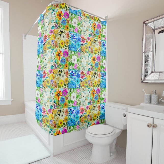 Floral Patchwork Art Watercolor Flowers Shower Curtain (In Situ)