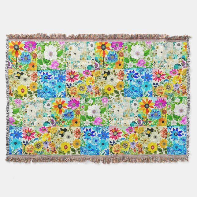 Floral Patchwork Art Watercolor Flowers Throw Blanket (Front)