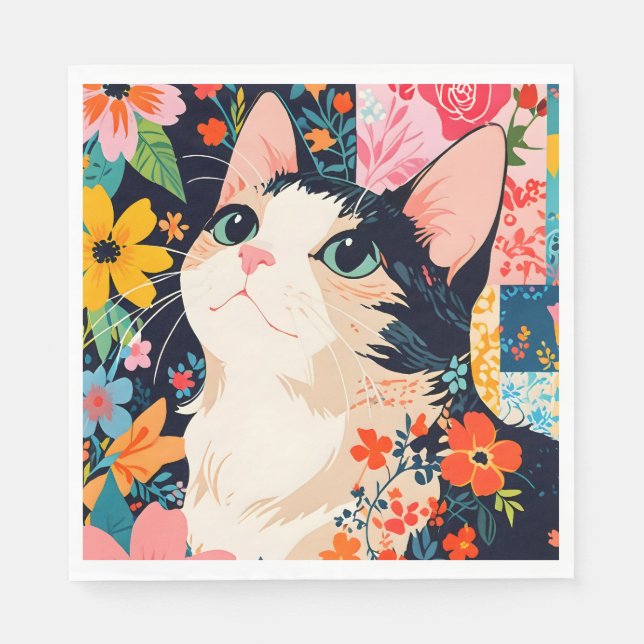 Floral Patchwork Cat Napkin (Front)