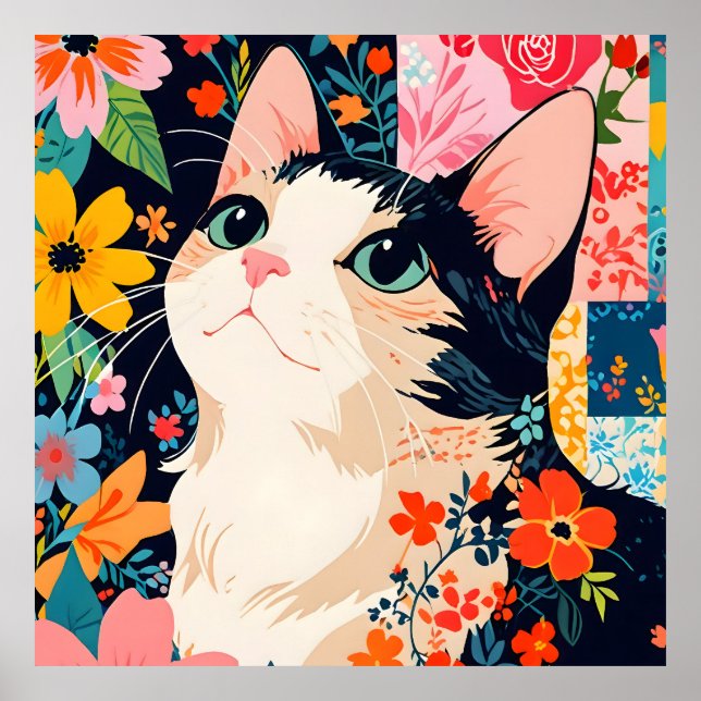Floral Patchwork Cat Poster (Front)