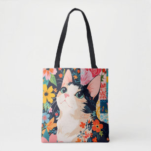 Floral Patchwork Cat Tote Bag