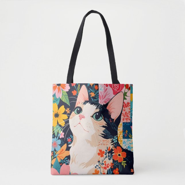 Floral Patchwork Cat Tote Bag (Front)