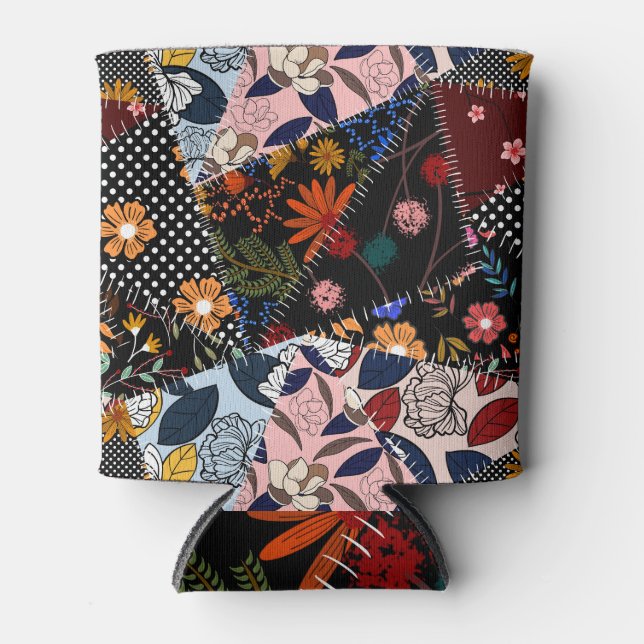 Floral Patchwork: Elegant Illustration Pattern Can Cooler (Front)