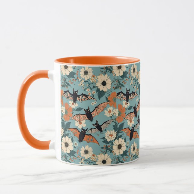Floral Patchwork Halloween Bats & Flowers Mug (Left)