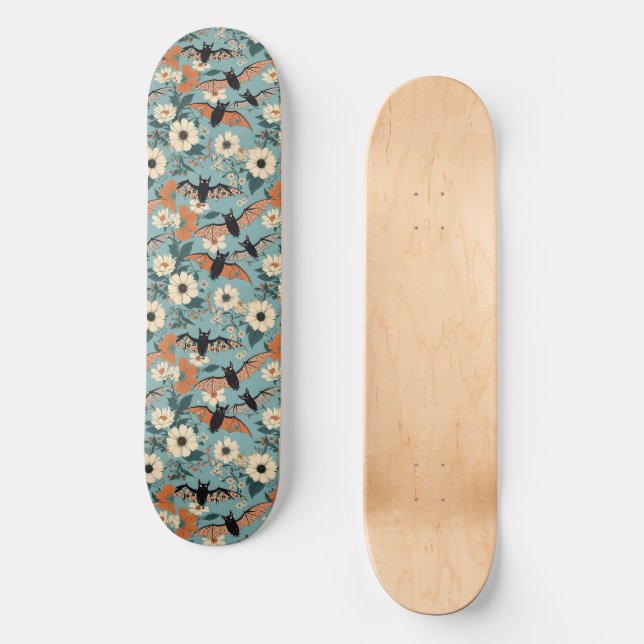 Floral Patchwork Halloween Bats & Flowers Skateboard (Front)