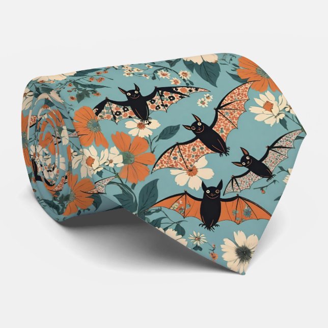 Floral Patchwork Halloween Bats & Flowers Tie (Rolled)