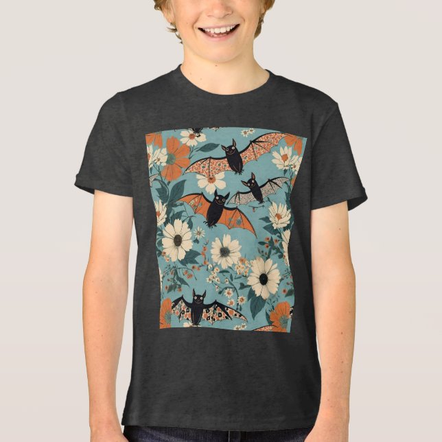 Floral Patchwork Halloween Bats & Flowers Tri-Blend Shirt (Front)