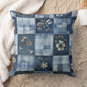 Floral Patchwork Pattern Boho Denim Cushion