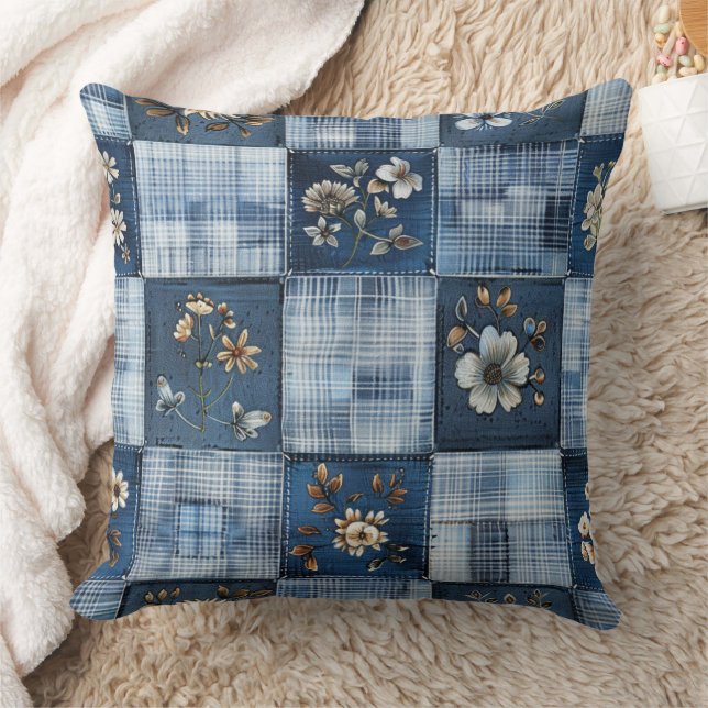 Floral Patchwork Pattern | Boho Denim Cushion (Blanket)