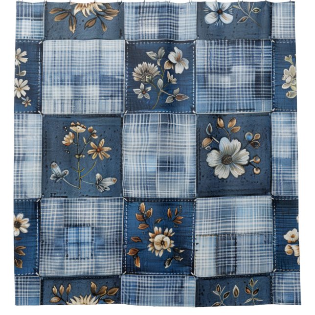 Floral Patchwork Pattern | Boho Denim Shower Curtain (Front)