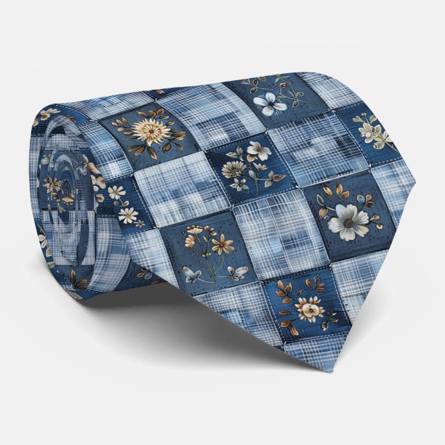 Floral Patchwork Pattern | Boho Denim Tie (Rolled)