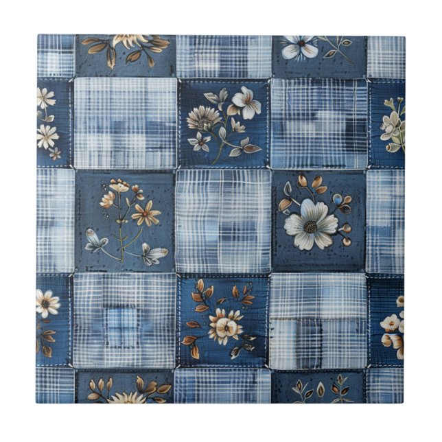 Floral Patchwork Pattern | Boho Denim Tile (Front)