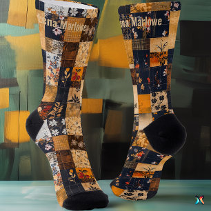 Floral Patchwork Socks – Custom Golden and Navy 