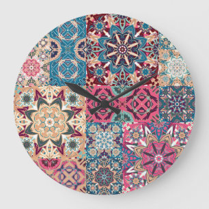 Floral patchwork: vintage chequered pattern. large clock