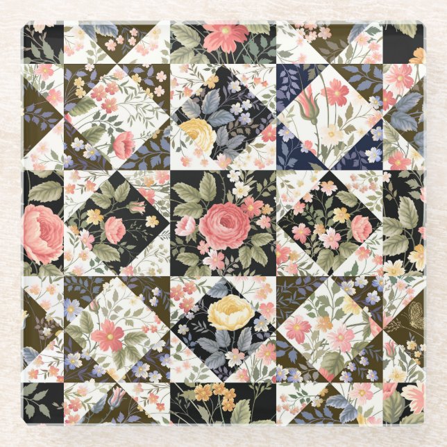 Floral Patchwork: Vintage Mix Glass Coaster (Front)