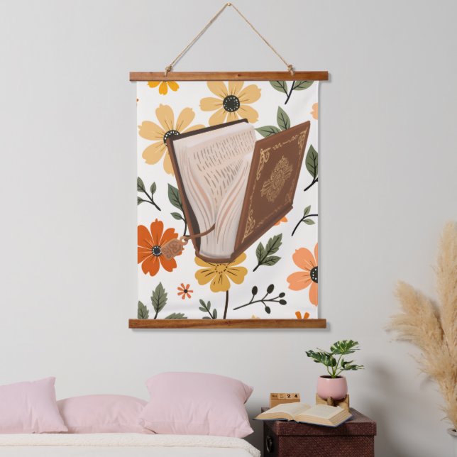 floral patron and groovy books hanging tapestry (Bedroom)