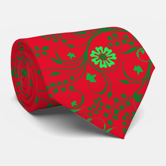 Floral pattern.01.FR.Green Red BG Tie (Rolled)